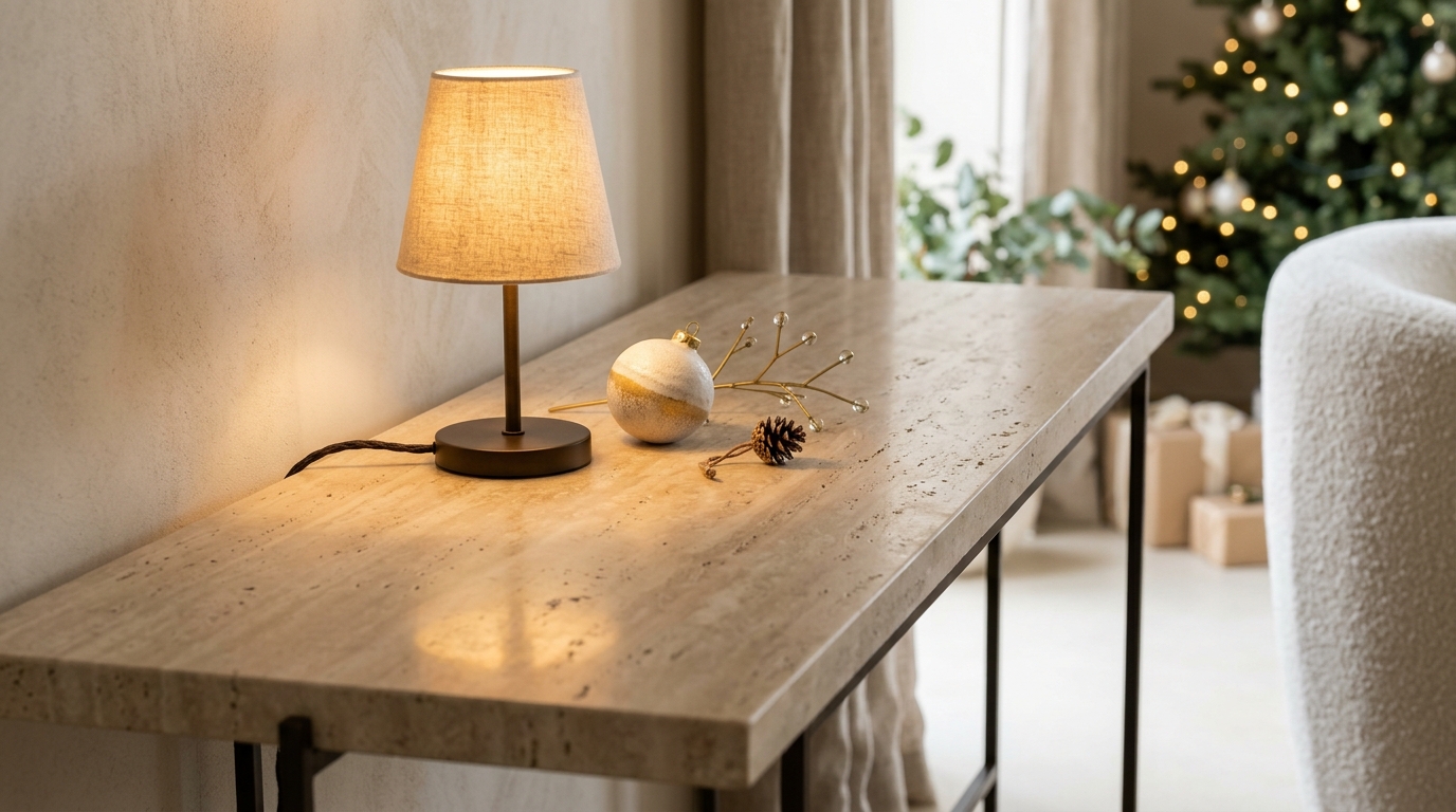 Close-up of a honed travertine console surface reflecting the warm glow of a small portable LED lamp during the holidays.