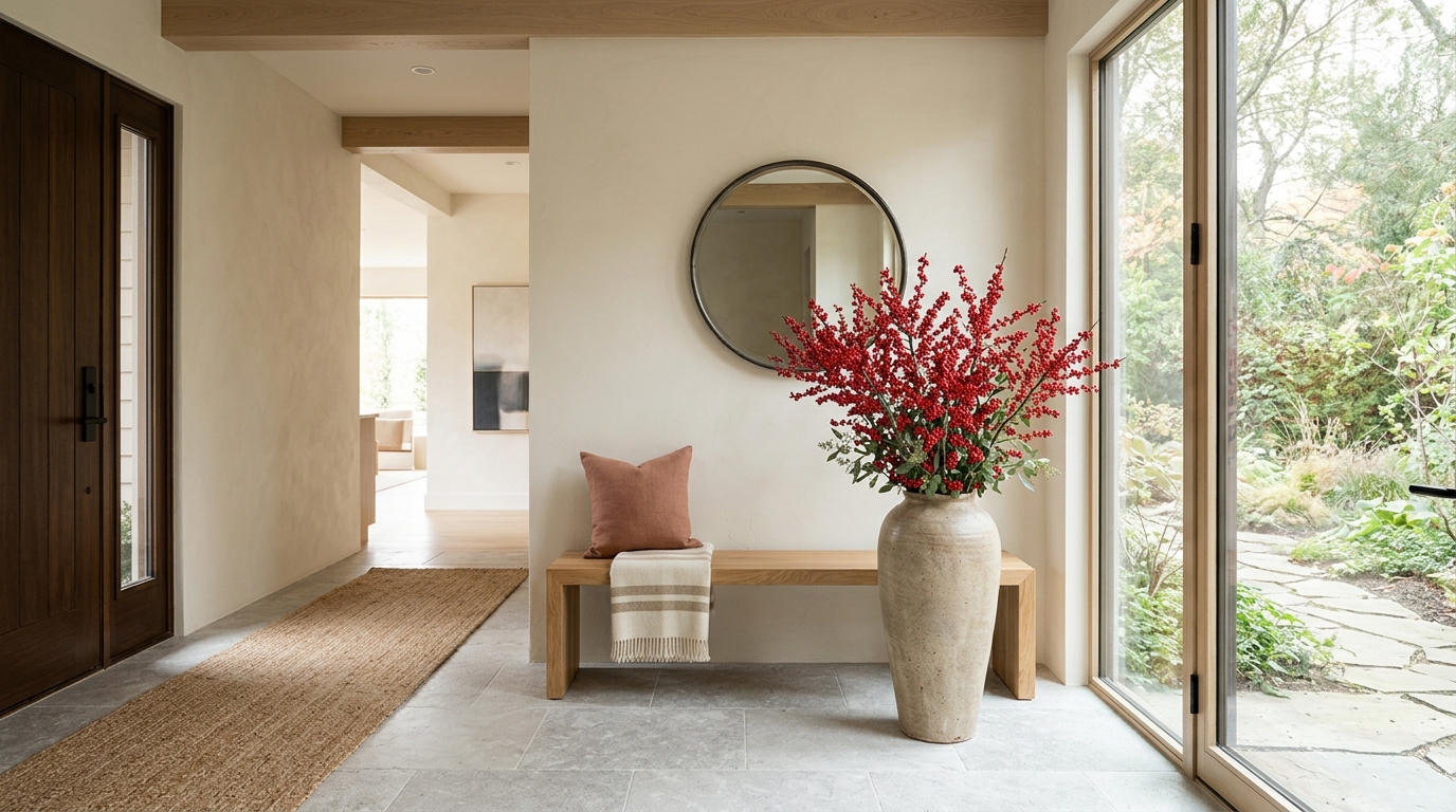Organic Modern holiday entry featuring a 'Swiss Coffee' paint backdrop and a large, textural branch of Ilex berries in a glass vessel.