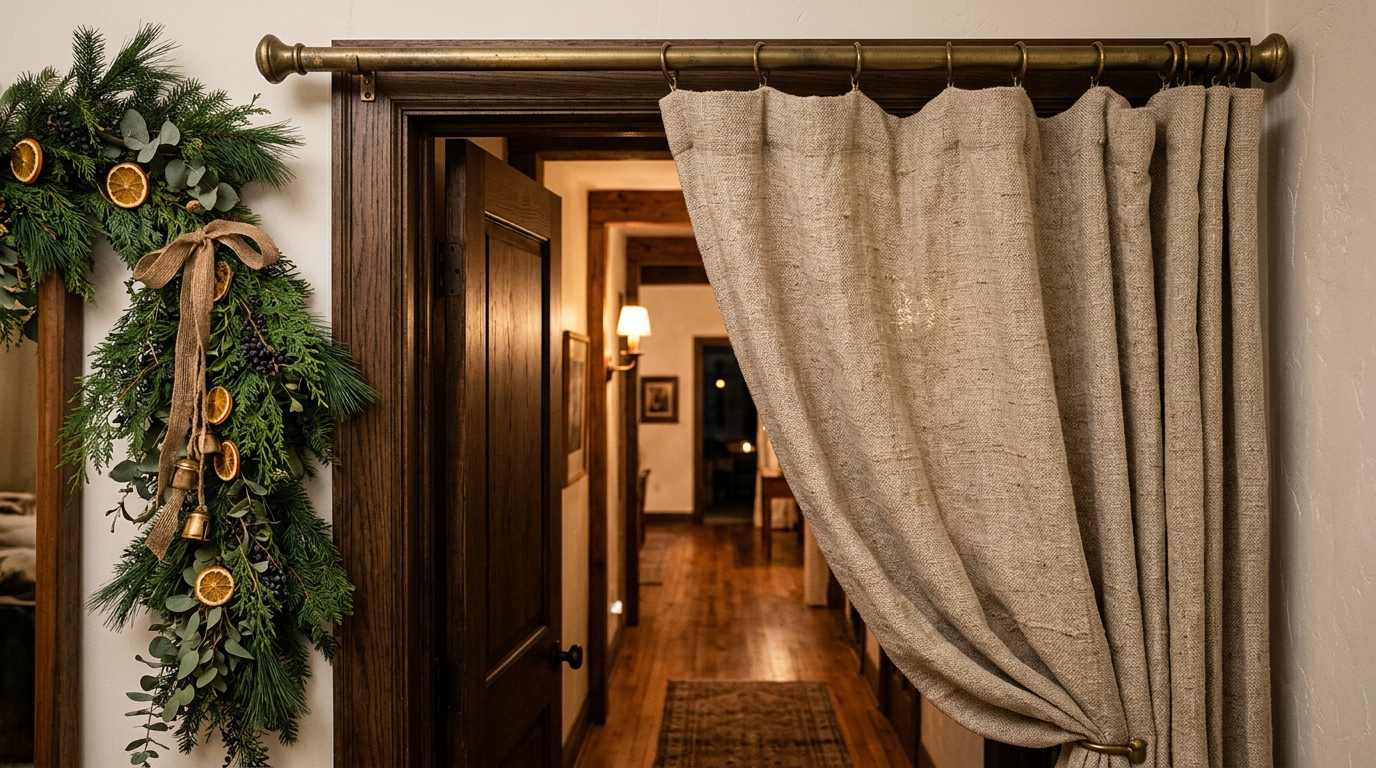 Tactile detail of a heavy linen curtain used as a draft excluder in a stylish, narrow Victorian hallway.