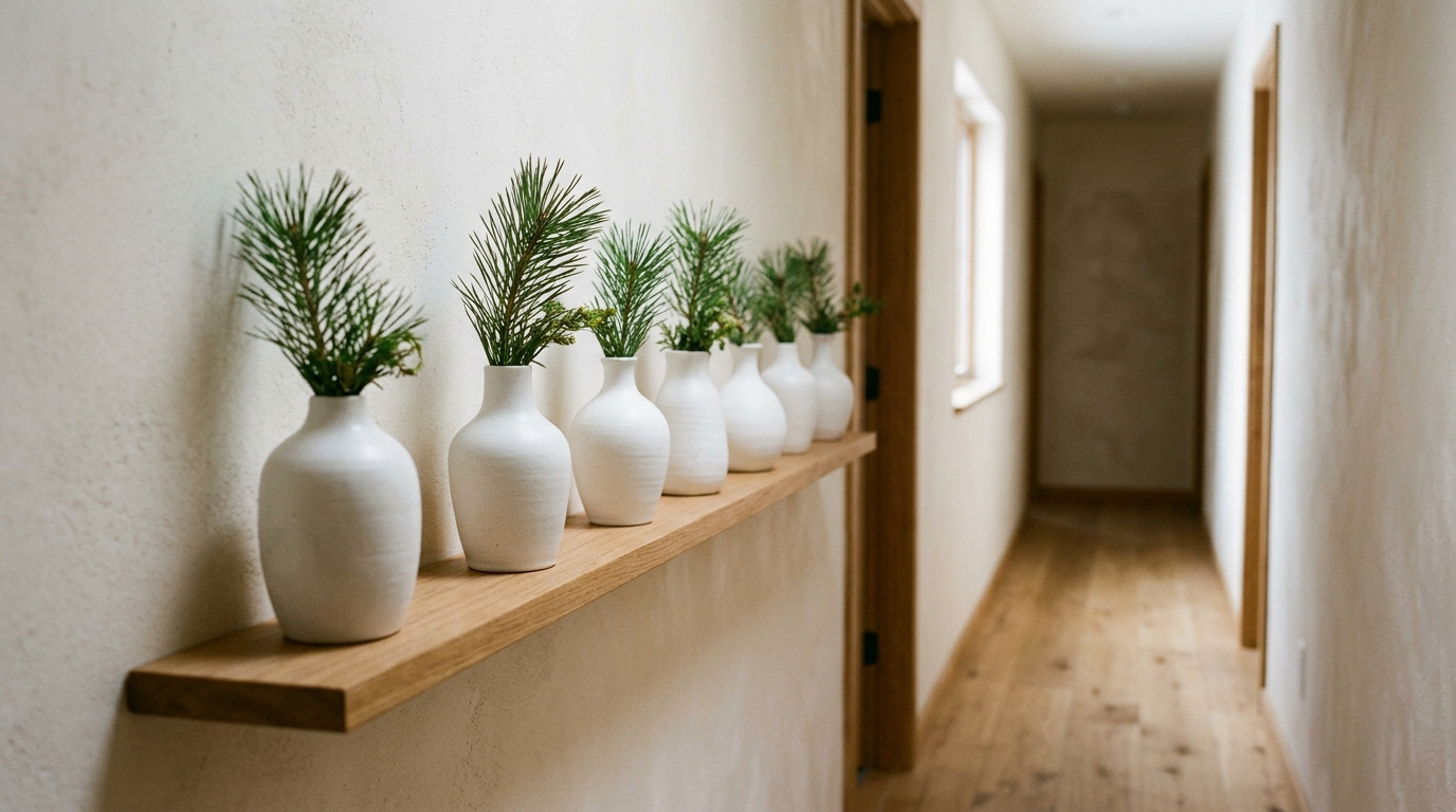 A collection of varied height white ceramic vases on a narrow shelf, each holding a single sprig of dried lavender and pine.