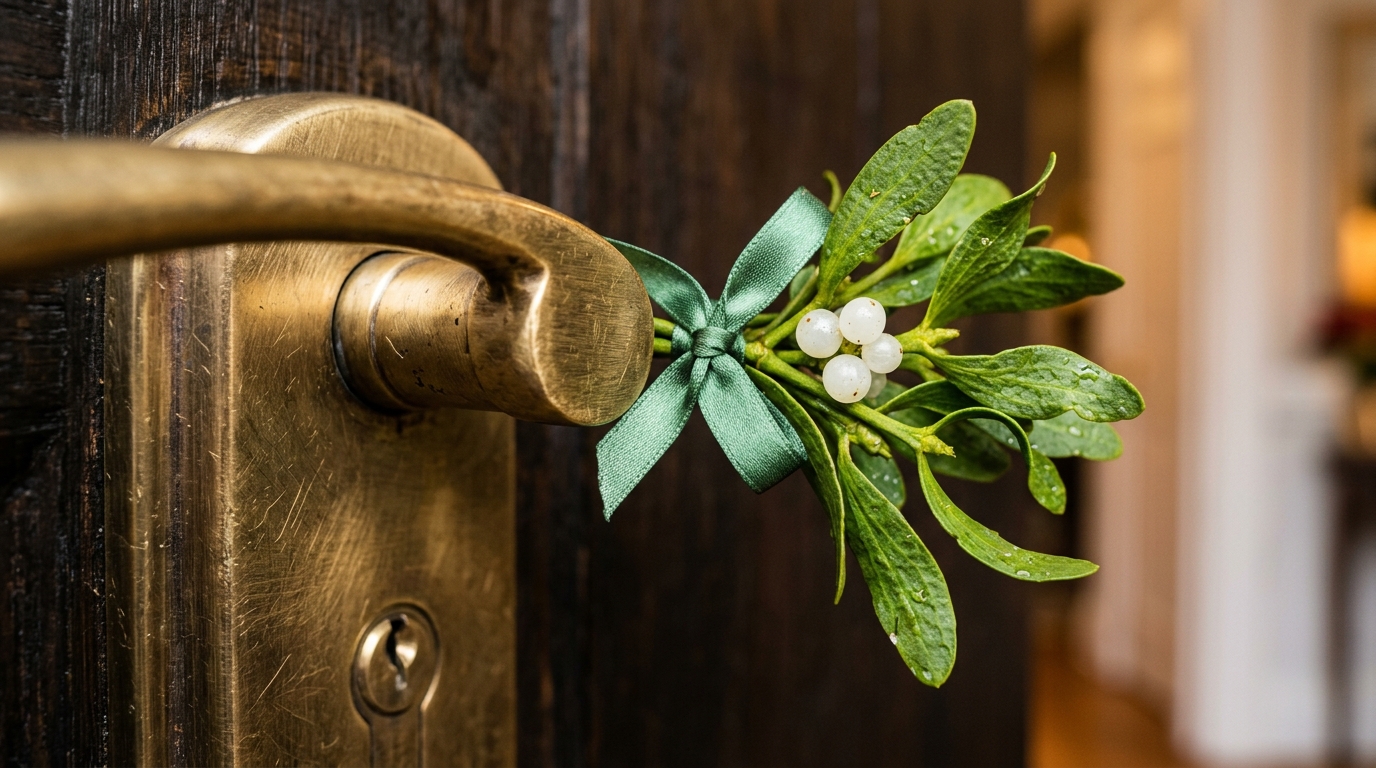 Detail of an aged brass door handle and a small, delicate bunch of mistletoe tied with a silk string.