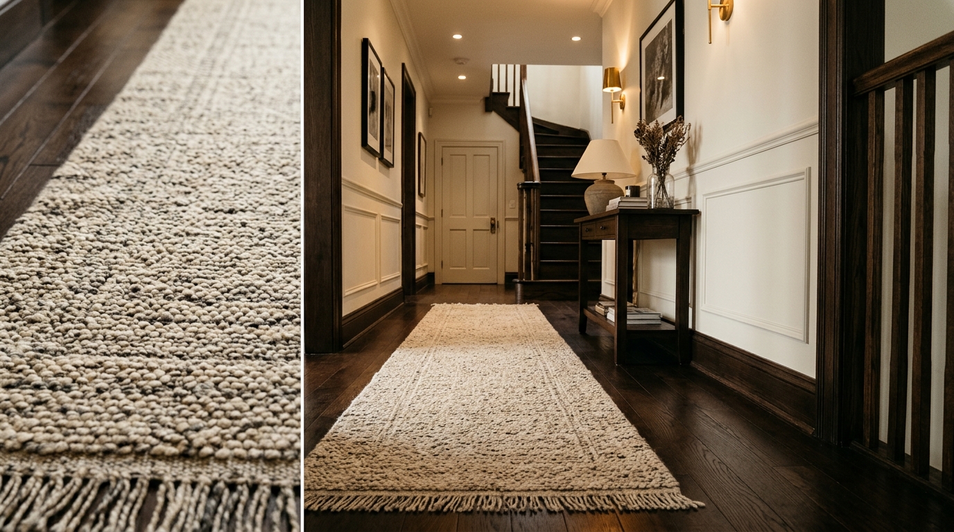 Close-up of a high-quality wool runner rug texture against a dark stained oak floor in a luxury hallway.