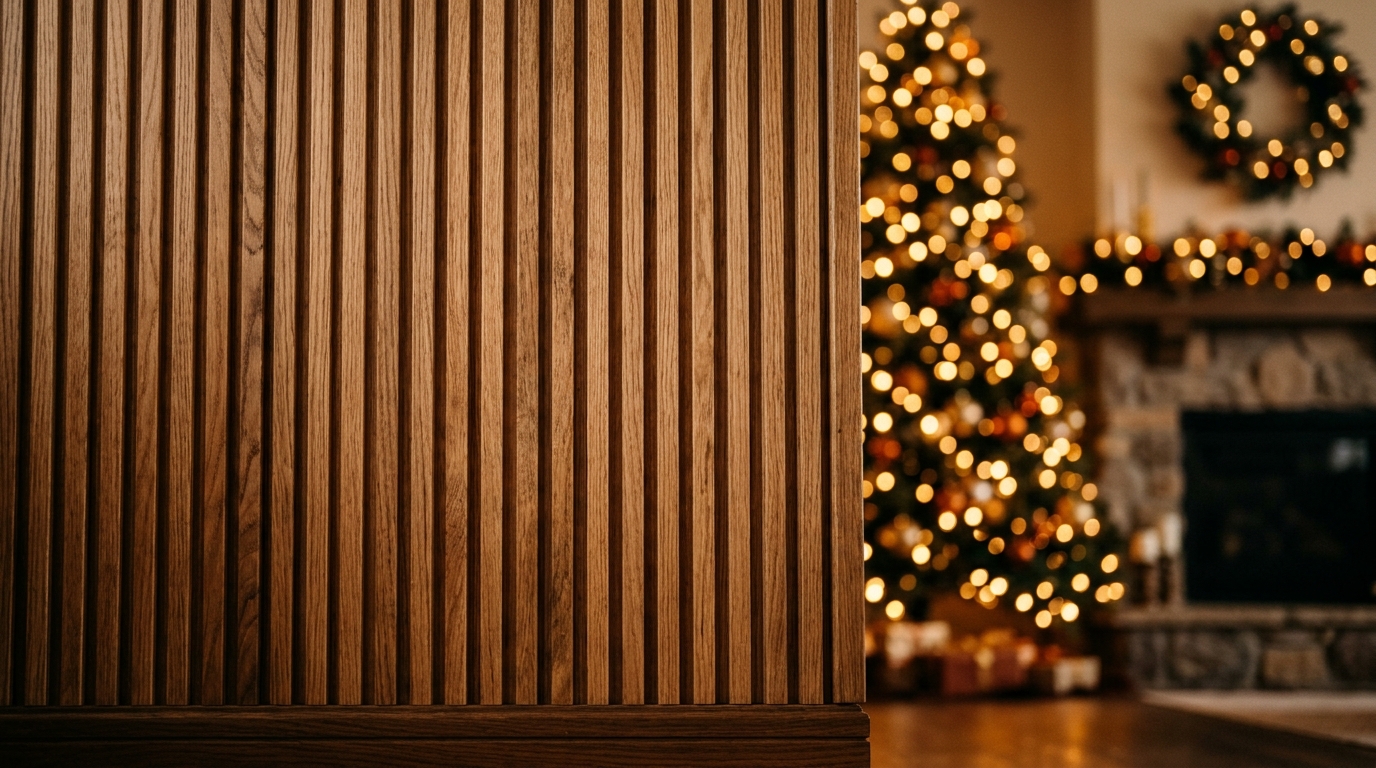 The soft blur of 2700K festive lights in the background of a sharp architectural detail of a fluted oak wall panel.