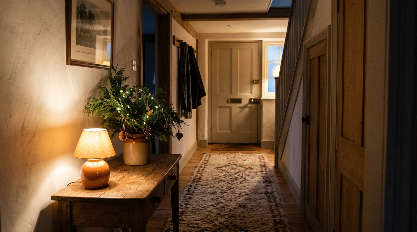 Evening mood shot of a hallway with diffused directional lighting at 2700K, highlighting the texture of a high-pile wool runner and the soft glow of a ceramic lamp.
