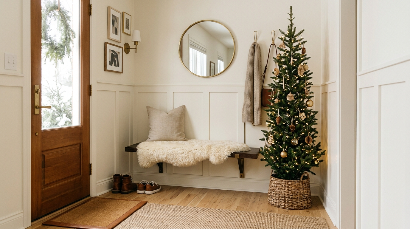 Functional snapshot of a narrow entry with a wall-mounted bench, sheepskin throw, and a slim Christmas tree tucked into a corner, demonstrating ergonomic festive styling.