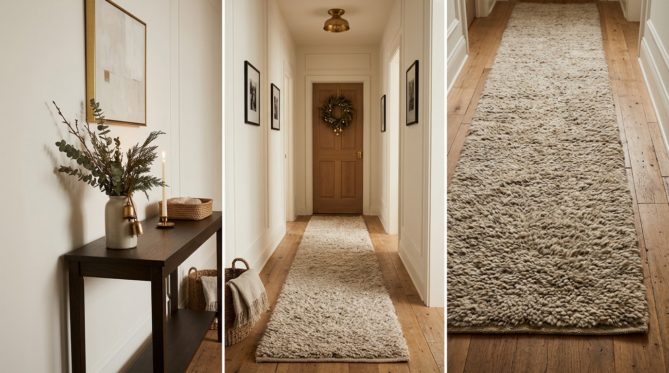 Top-down perspective of a neutral high-pile hallway runner rug grounding a small foyer with minimalist holiday accents.