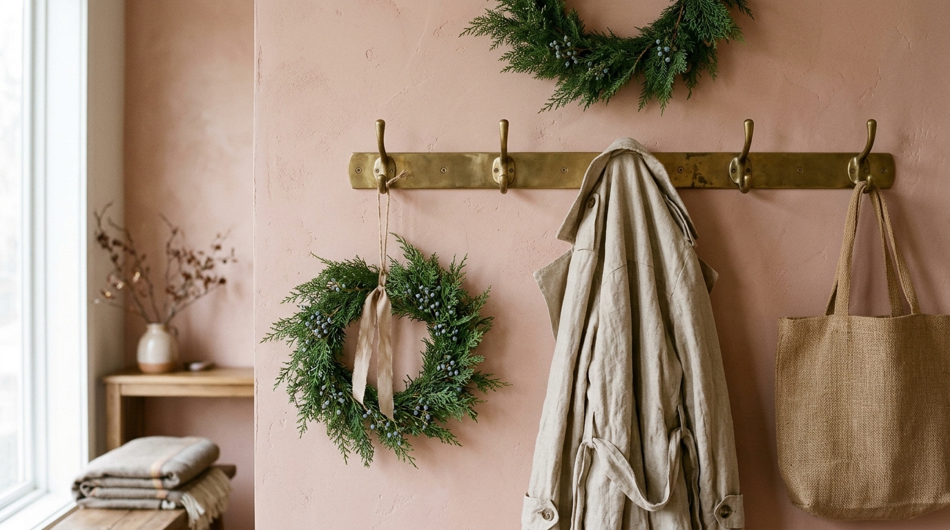 Wall-mounted aged brass hooks holding a simple evergreen wreath and a linen coat, illustrating festive yet functional narrow entryway ideas.