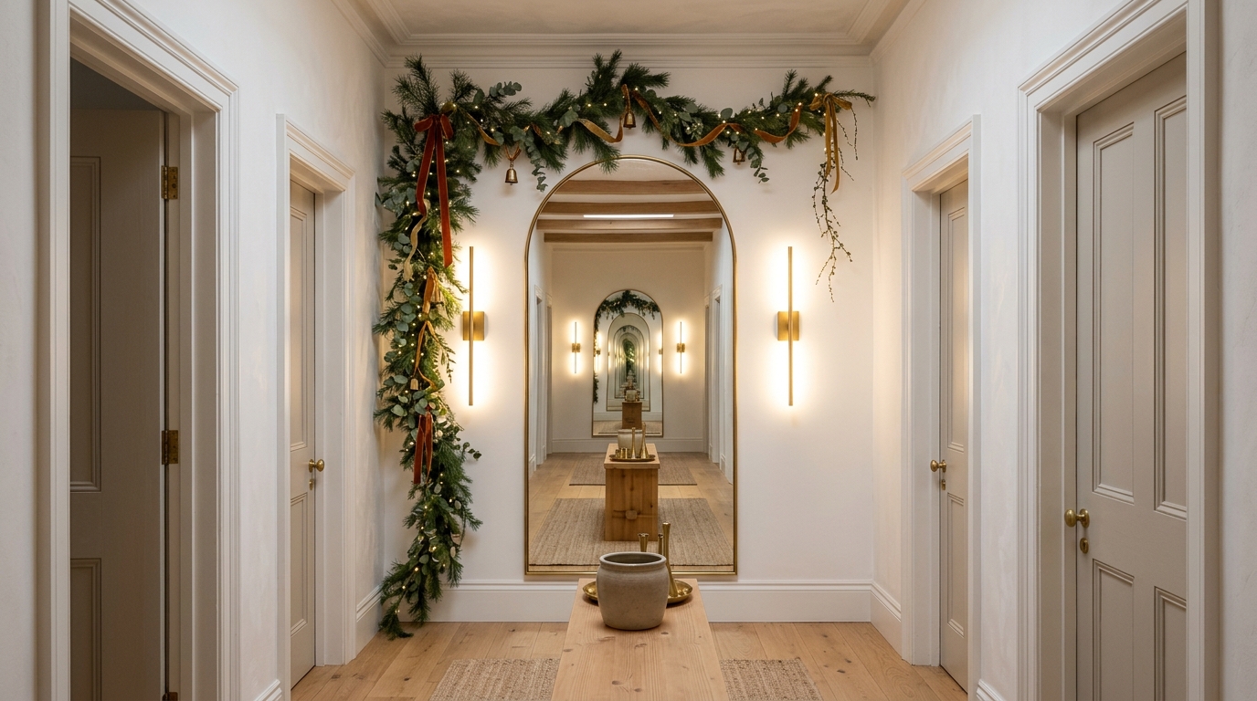 Symmetry in a narrow corridor: twin minimalist sconces flanking a tall arched mirror with a delicate pine garland draped asymmetrically.