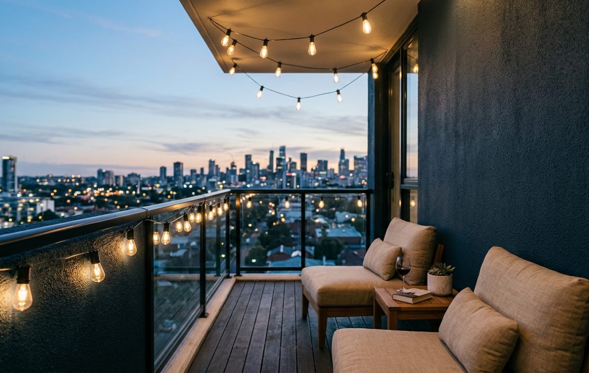 A wide-angle hero shot of an Organic Modern balcony at sunset, featuring low-slung linen furniture and warm 2700K Edison string lights against a dark charcoal backdrop.