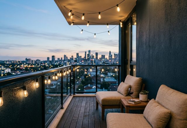 A wide-angle hero shot of an Organic Modern balcony at sunset, featuring low-slung linen furniture and warm 2700K Edison string lights against a dark charcoal backdrop.