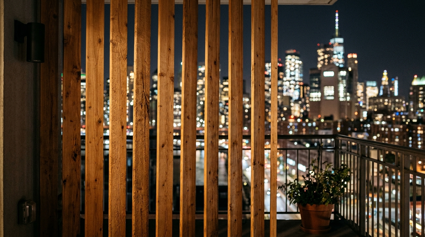 Soft-focus background of a city at night framed by the structural lines of a modern balcony privacy screen and soft 2700K ambient light.
