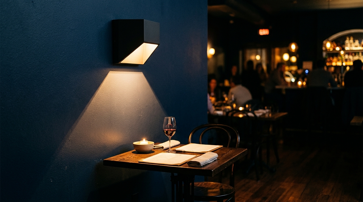 A wall-mounted matte black architectural light fixture casting a 2700K warm glow over a small outdoor bistro set with 30-inch chair clearance.