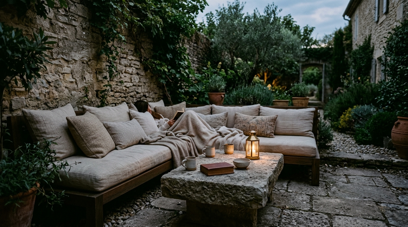 An intimate seating nook for two, featuring organic modern outdoor decor and a low-profile coffee table with a 15-inch height for an unobstructed view.