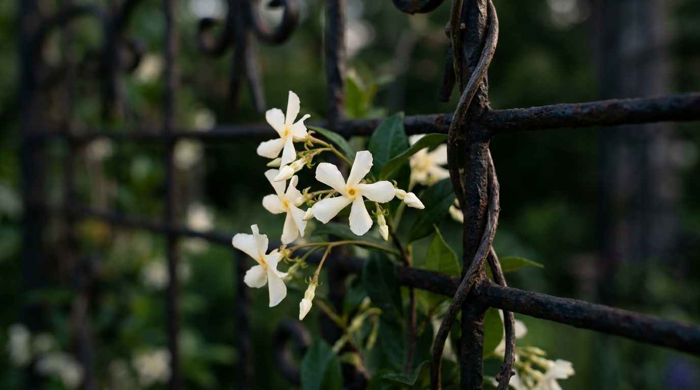 Macro detail of star jasmine flowers weaving through a charcoal-colored metal screen, highlighting sensory-driven balcony landscape ideas.