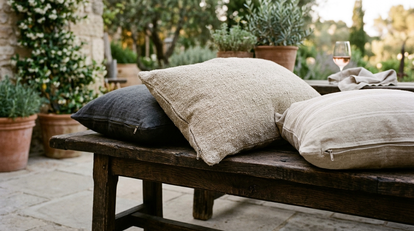 Textured linen cushions in a palette of warm alabaster and slate charcoal, arranged on a built-in balcony bench for a quiet luxury aesthetic.