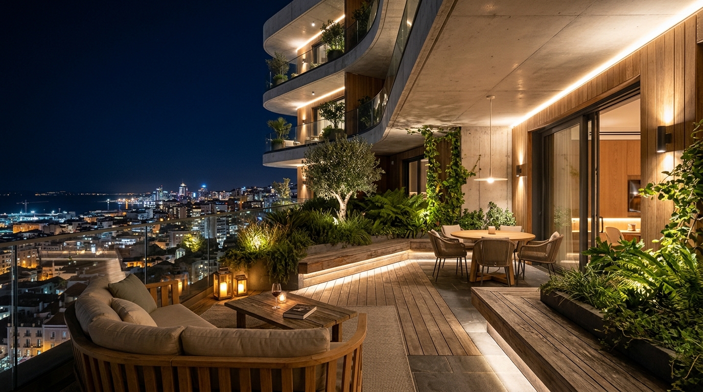 A final architectural reflection of a finished Organic Modern balcony, showing the harmony of light, material, and spatial design in a dense city.