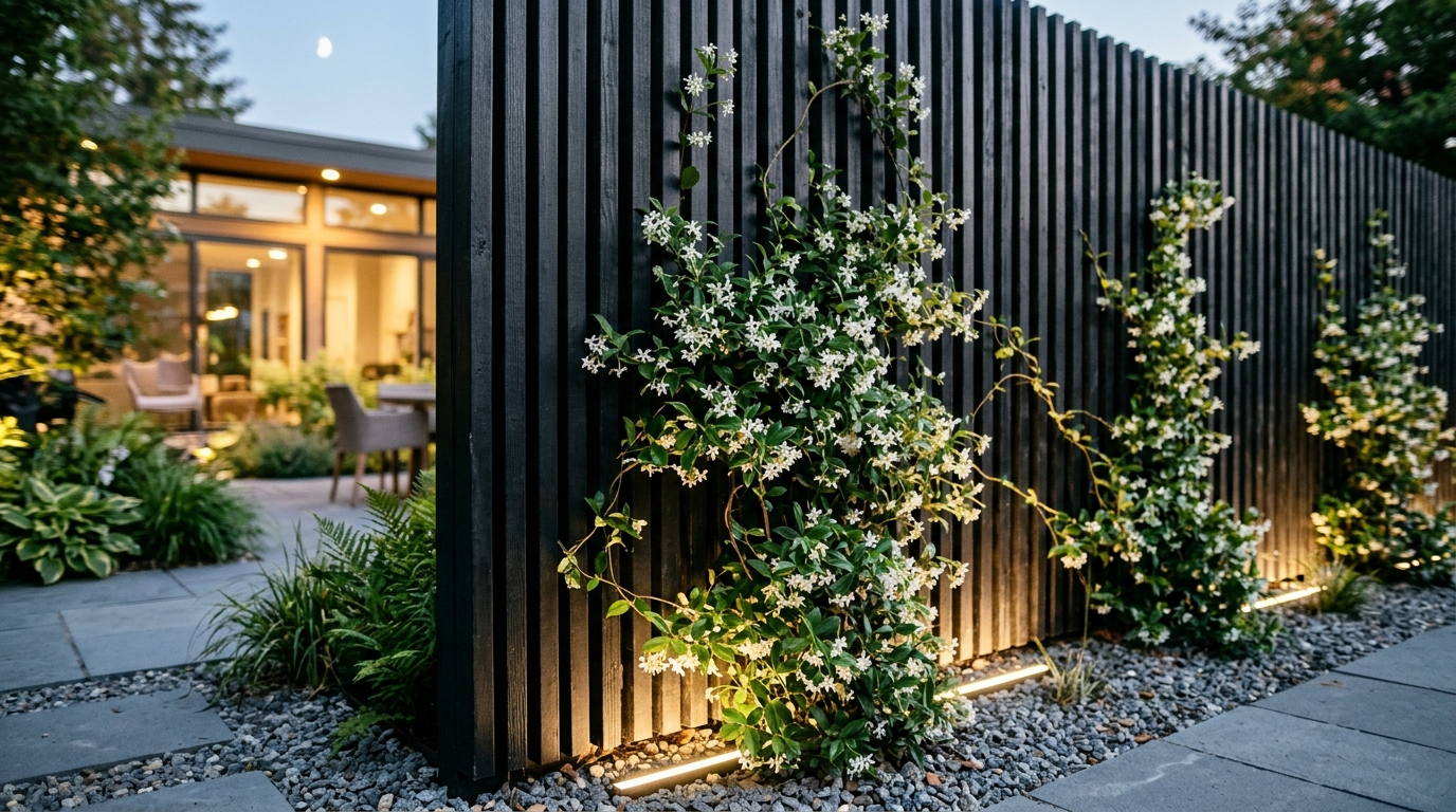 A sophisticated balcony garden privacy screen made of dark cedar slats with climbing star jasmine, providing biophilic urban living and acoustic damping.