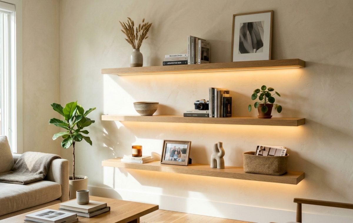 A minimalist living room featuring rift-cut white oak living room floating shelves ideas with integrated warm 2700K LED lighting on a limewash wall.