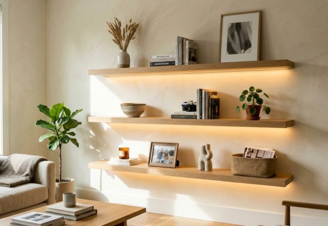 A minimalist living room featuring rift-cut white oak living room floating shelves ideas with integrated warm 2700K LED lighting on a limewash wall.