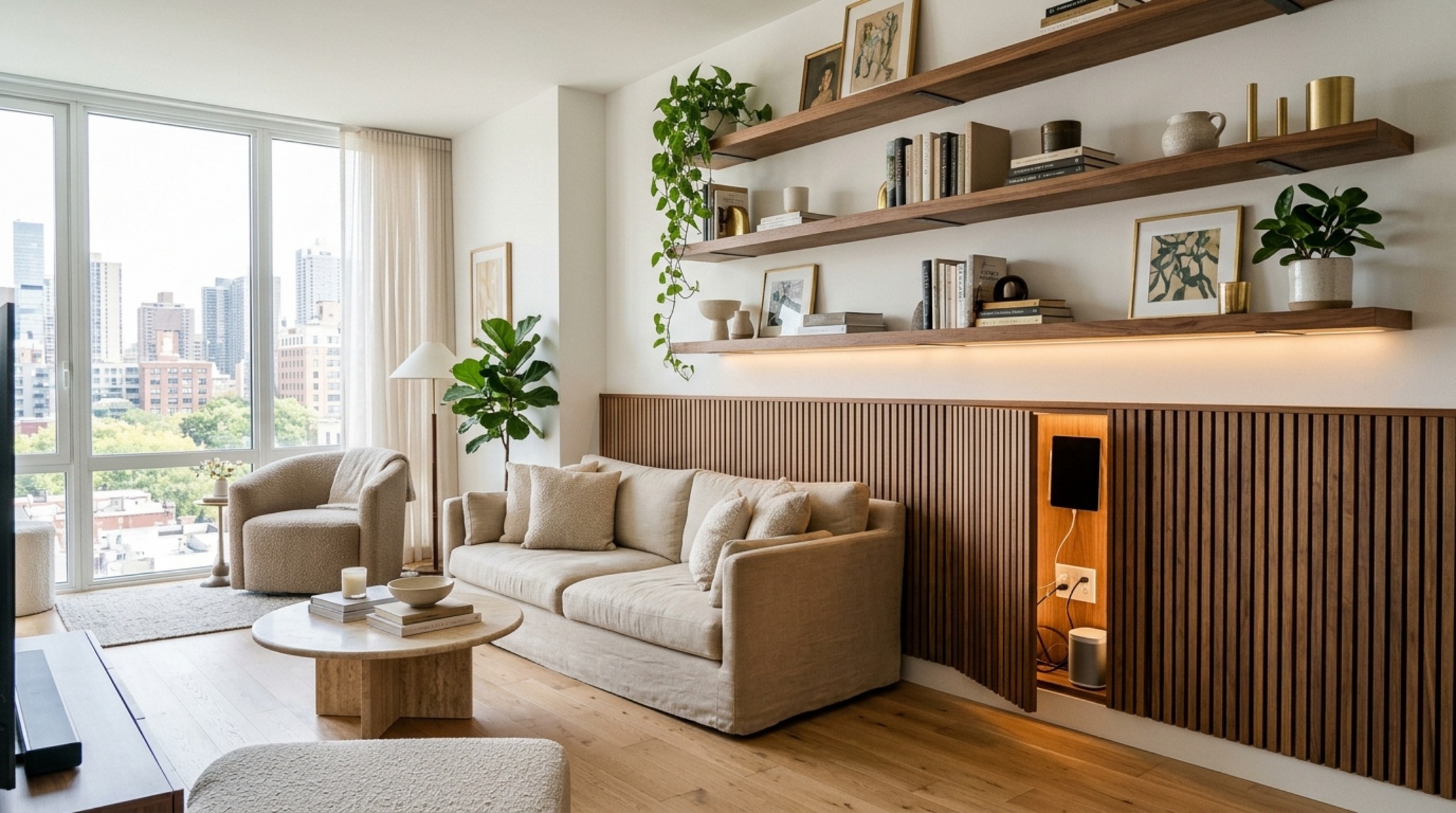 Wide-angle shot of a living room utilizing living room floating shelves ideas to bridge the gap between high-tech utility and organic materiality.