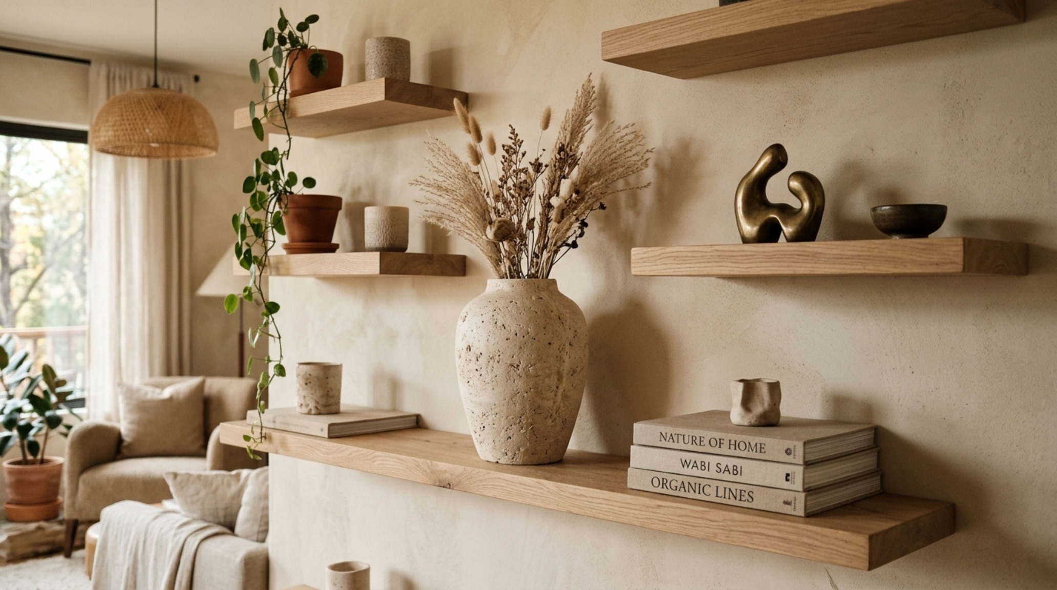Asymmetrical floating shelves decor showcasing a mix of raw travertine, ceramic vases, and linen-bound books against a soft matte wall.