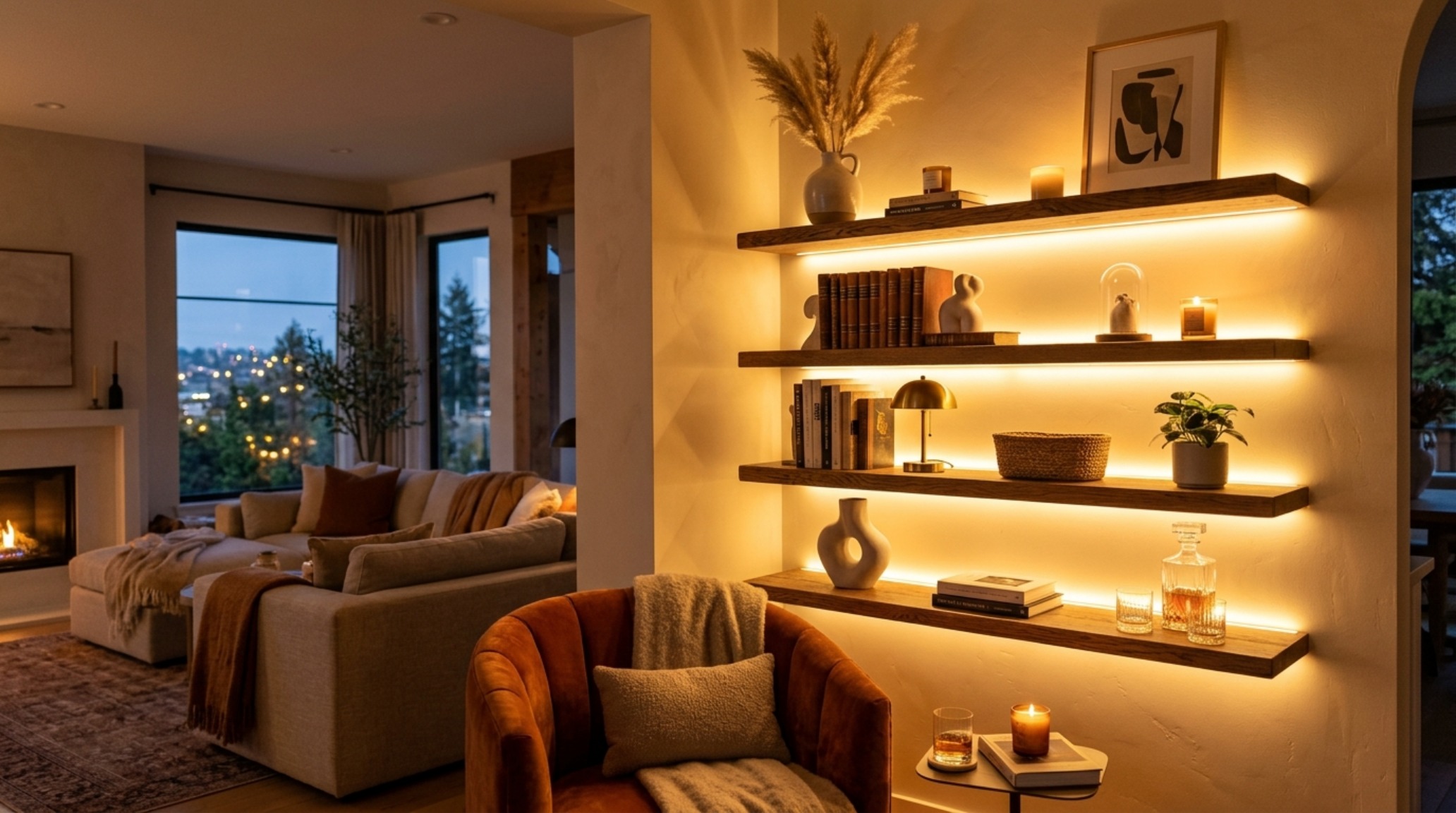 Close-up of wood wall shelves living room setup featuring recessed 2700K LED strips that create a soft golden hour glow on tactile objects.