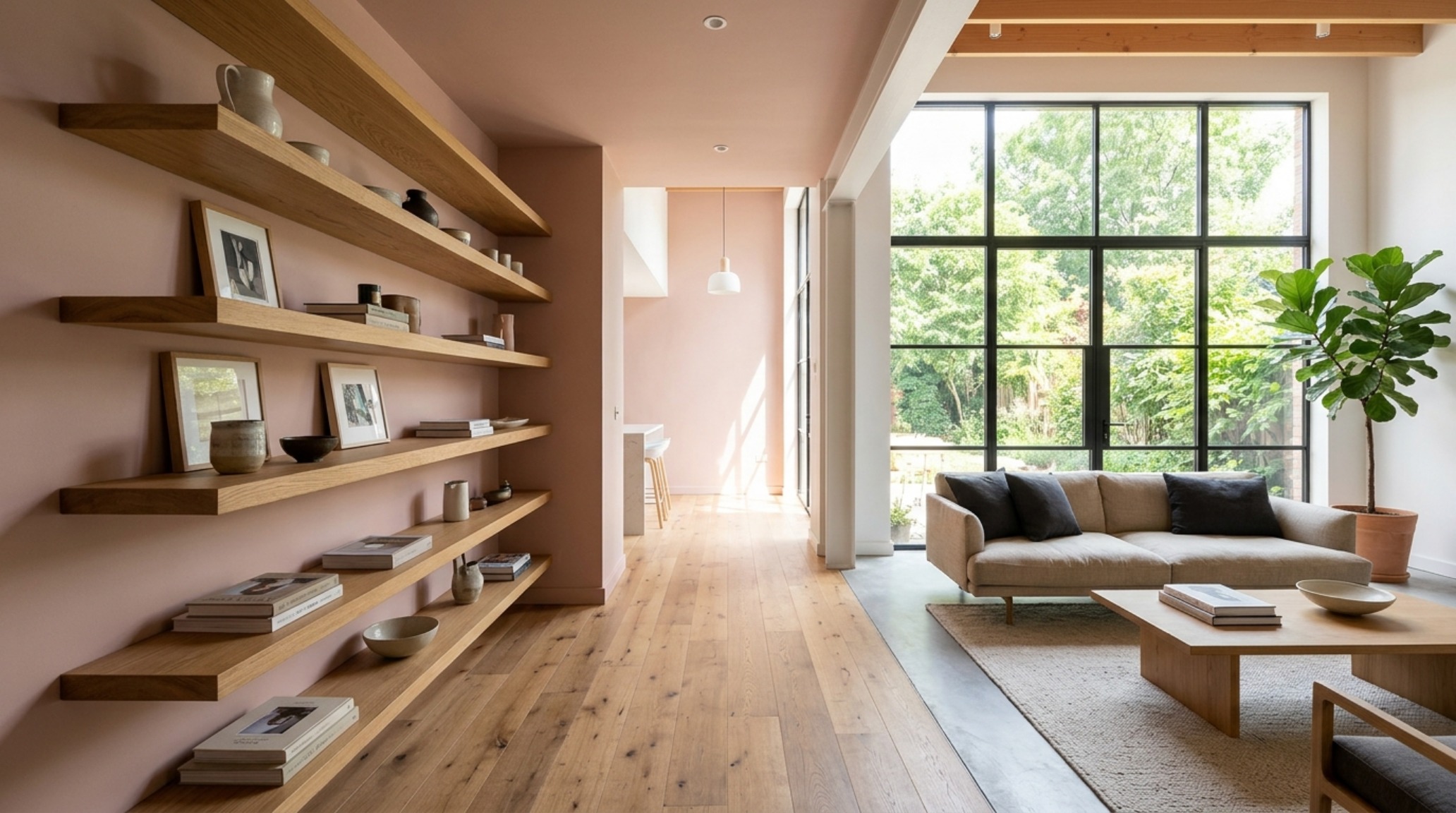 Architectural view of a small apartment storage idea using thick timber floating shelves to maintain open sightlines and 36-inch walkway clearance.