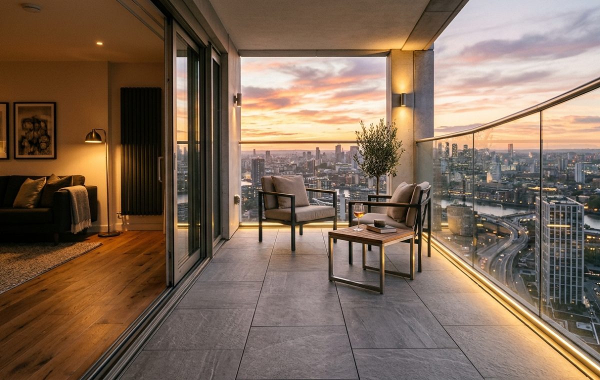 A wide architectural shot of a luxury urban balcony showing seamless outdoor patio tiles extending from the living room, featuring 2700K warm lighting and lush greenery.