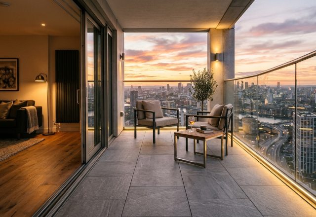 A wide architectural shot of a luxury urban balcony showing seamless outdoor patio tiles extending from the living room, featuring 2700K warm lighting and lush greenery.