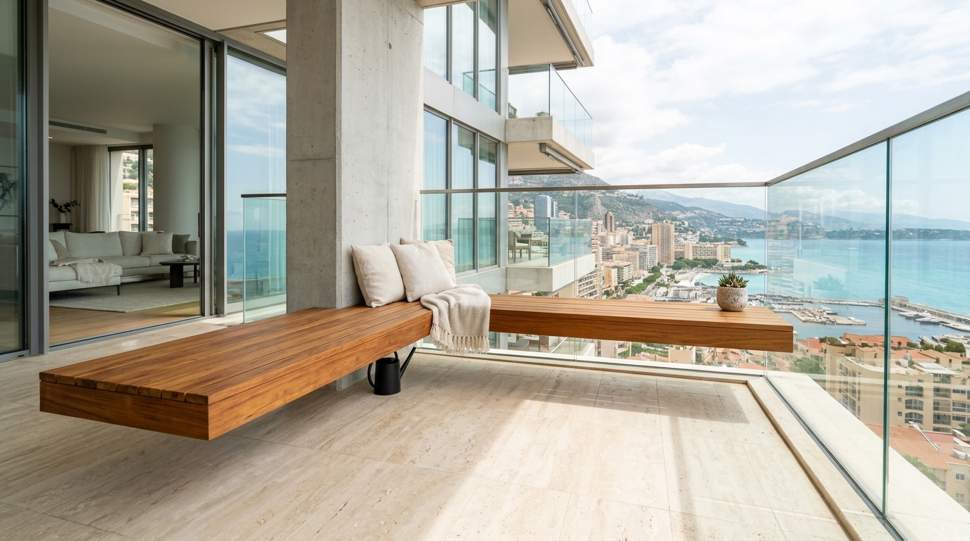 Bespoke built-in wooden bench on a small apartment balcony, leaving the floor tile grid unobstructed to maximize the perception of space.