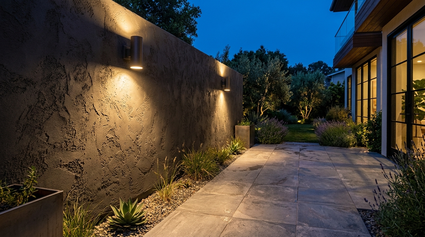 Close-up of a high-CRI lighting fixture grazing a lime-washed wall and textured outdoor patio tiles on a luxury balcony.