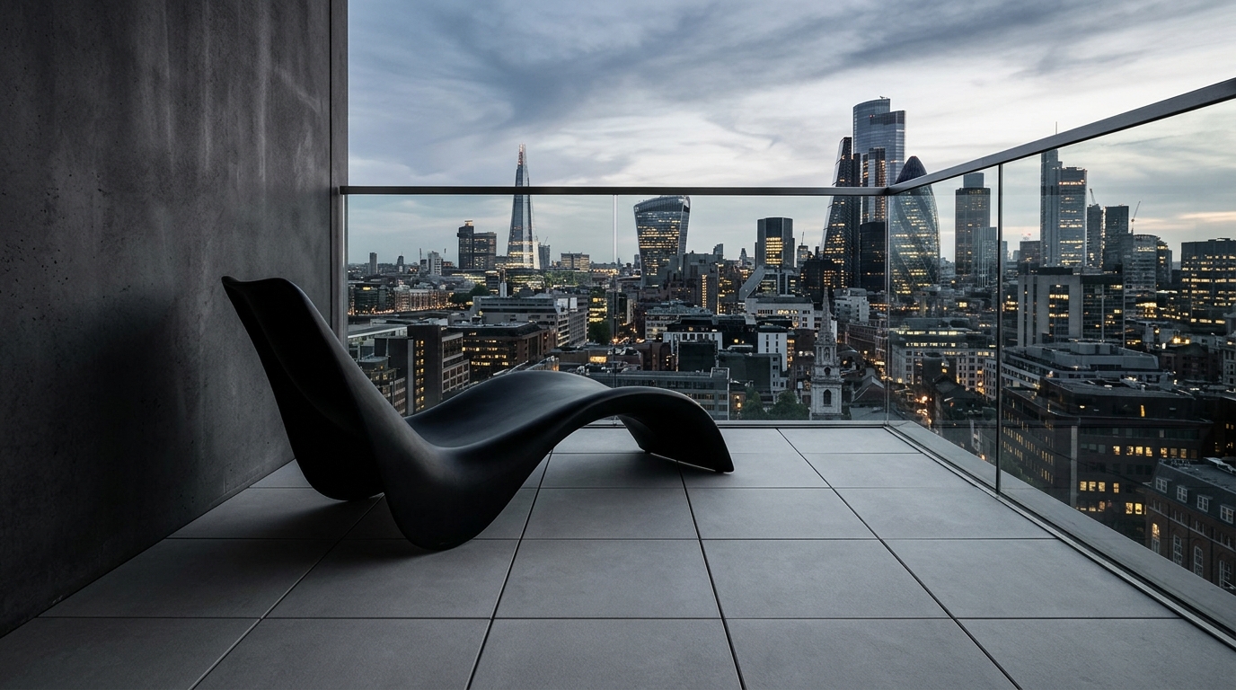 A minimalist small apartment balcony layout featuring a singular sculptural chair and large-format 24x24 outdoor patio tiles.