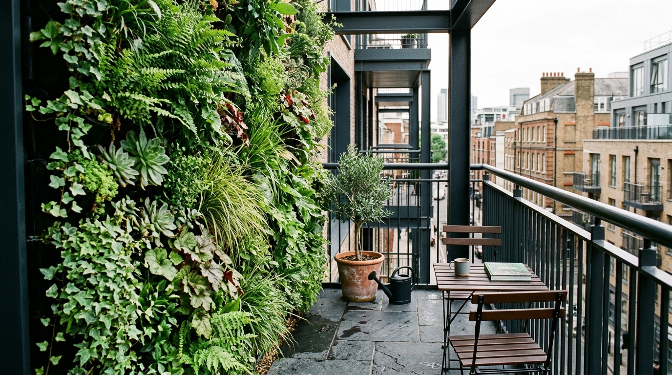 Vertical garden installation on a balcony with dark charcoal outdoor patio tiles providing a dramatic architectural contrast.