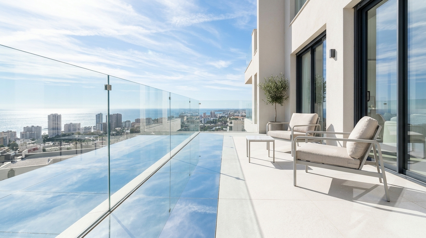 Sleek glass railing balcony overlooking a city skyline, featuring light-colored outdoor patio tiles to bounce natural light into the apartment.