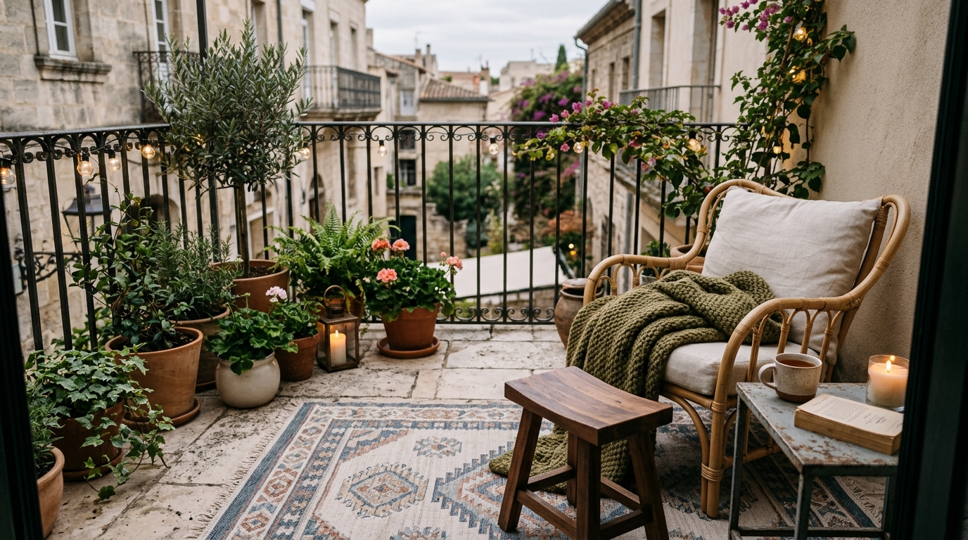 Cozy small apartment balcony ideas layout with a weather-resistant rug layered over large porcelain tiles for added tactile warmth.