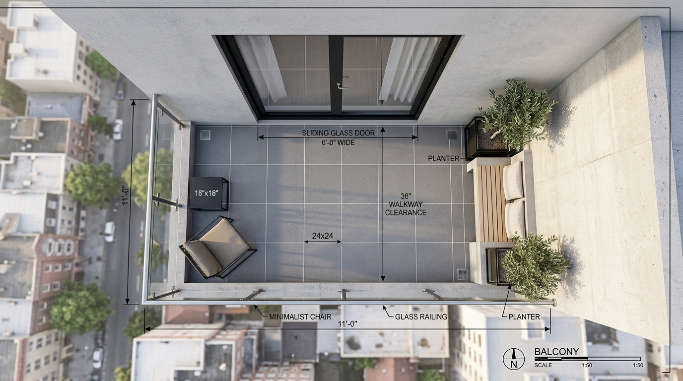 Top-down architectural layout view of small apartment balcony ideas architecture, highlighting the 36-inch clearance and precise grid alignment of large-format tiles.