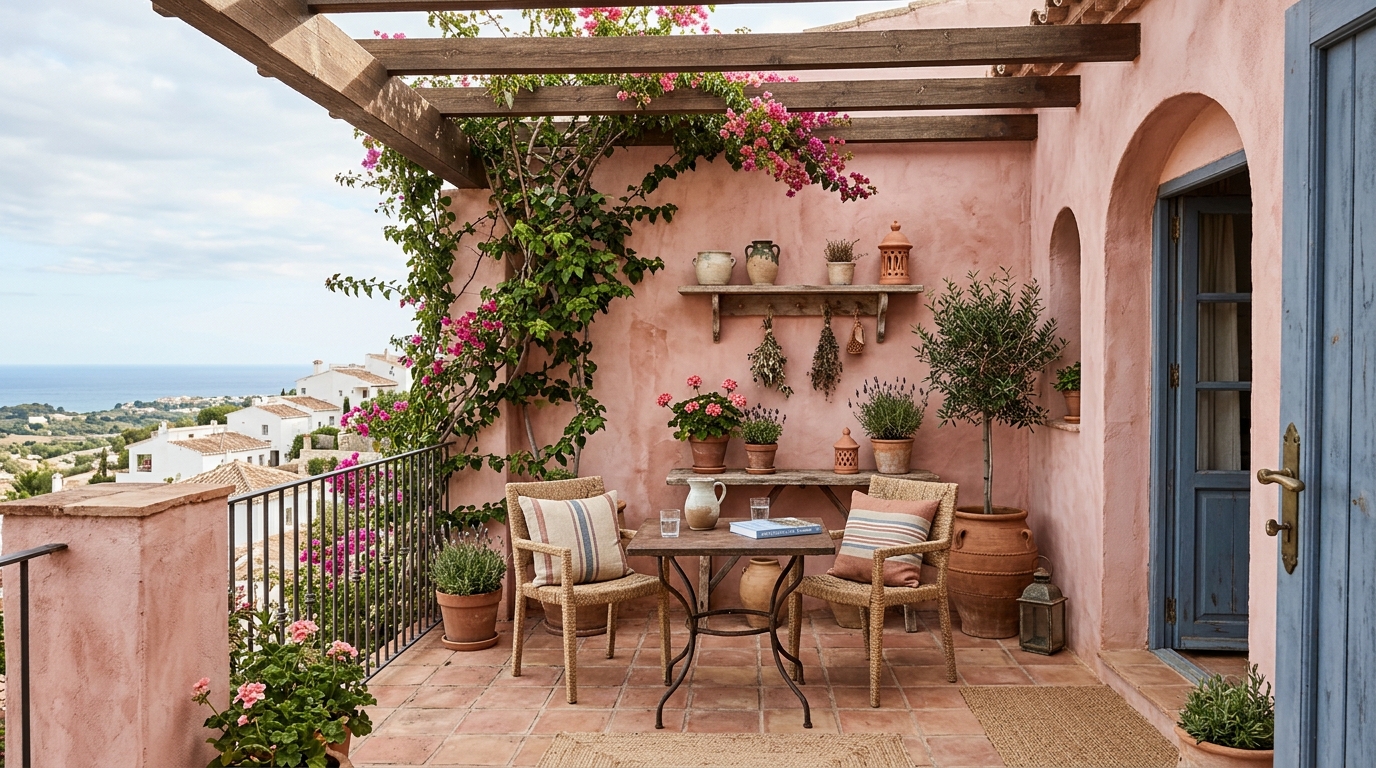 Architectural photography of a terrace with Farrow & Ball Setting Plaster walls and contrasting terracotta outdoor patio tiles.