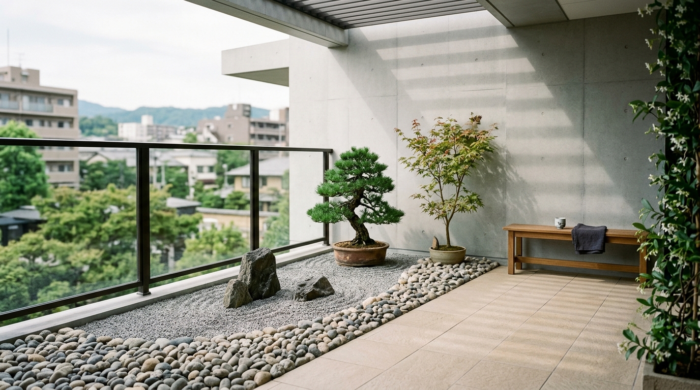 Zen-inspired small apartment balcony ideas featuring smooth river stones bordering a central area of sand-colored outdoor patio tiles.