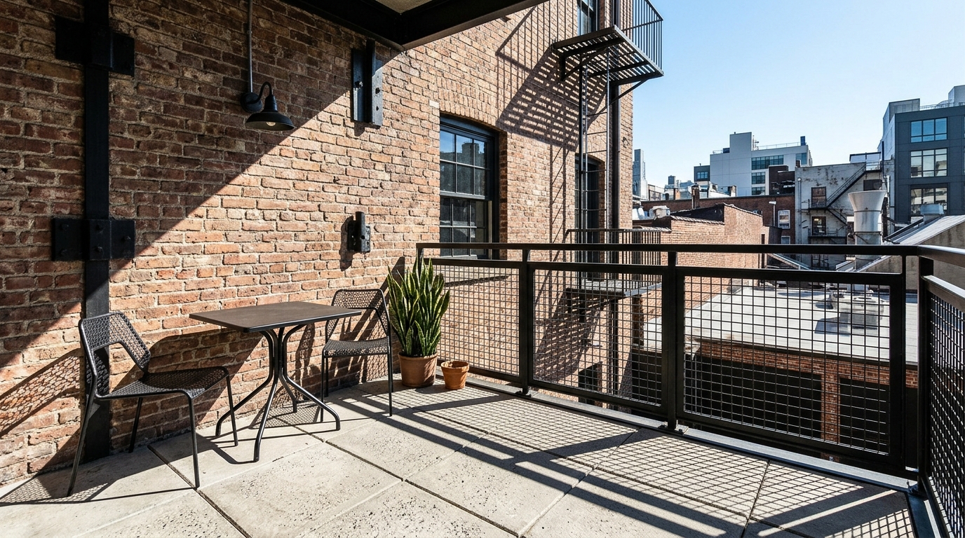 Industrial-style balcony with exposed brick walls and large concrete-look outdoor patio tiles for a raw architectural feel.