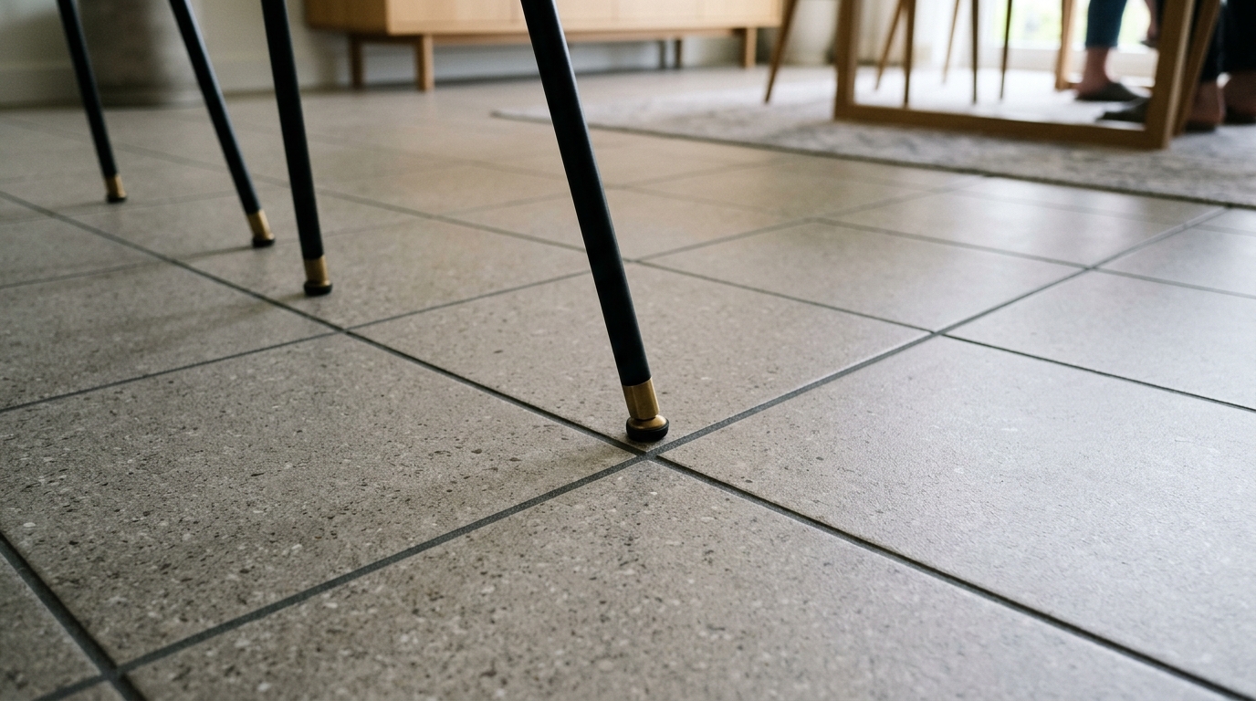 Close-up of a bistro set on a small balcony, showing how the legs of the furniture align with the grout lines of the outdoor patio tiles.