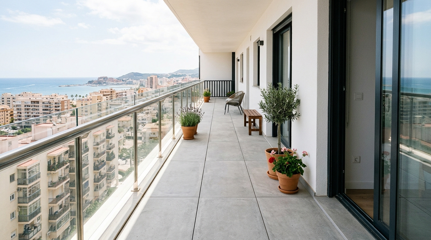 Architectural perspective of a balcony corridor, using long-format tiles to elongate the spatial flow and sightlines.