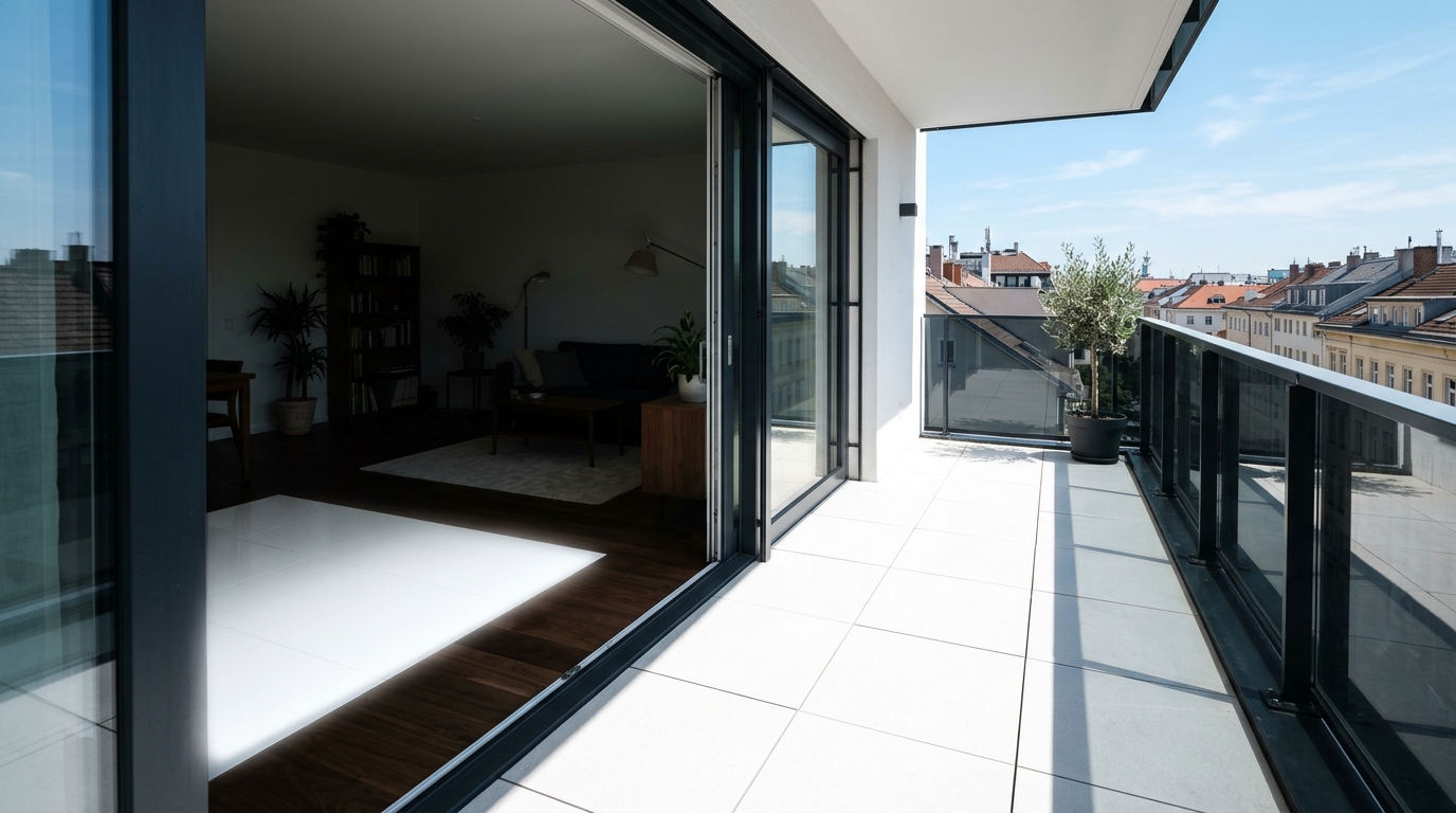 Daytime view of a luxury apartment balcony with white porcelain tiles reflecting high-noon sun, showcasing high-albedo material choices.