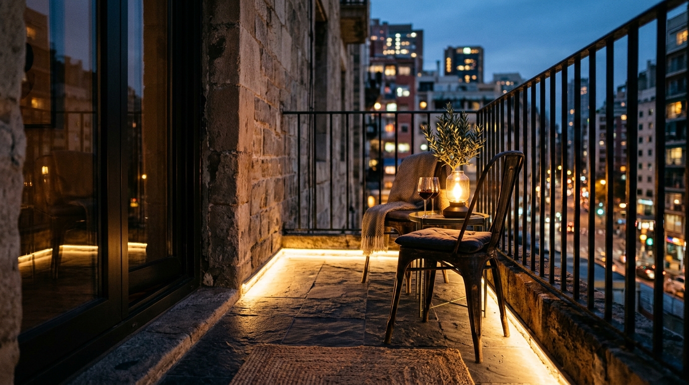 Evening atmospheric shot of a small balcony with 2700K LED grazing lights illuminating the floor tiles, part of a small apartment balcony ideas lighting guide.