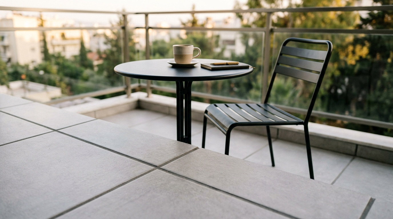 Close-up of ergonomic furniture on a small apartment balcony, showing the 18-inch table reach and clean sightlines across the porcelain tile floor.