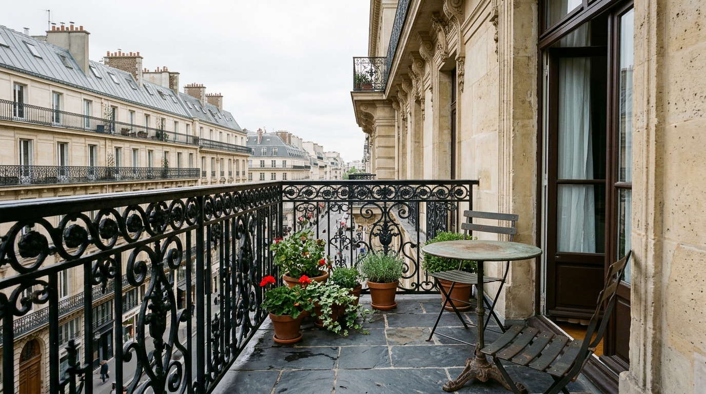 Architectural view of a Parisian-style balcony with slate outdoor patio tiles and wrought iron railings, emphasizing small space small apartment balcony ideas.