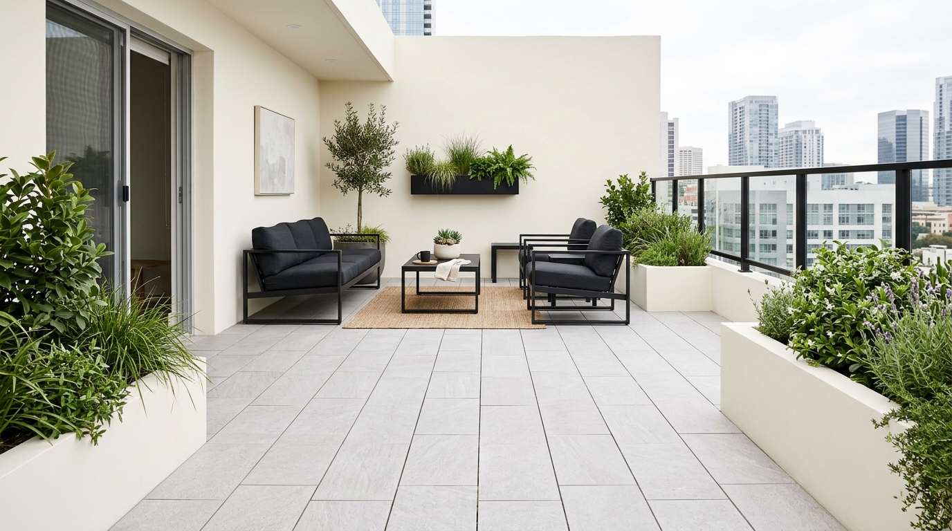 High-end balcony design featuring a stack bond tile pattern and minimalist furniture for a modern small apartment balcony ideas aesthetic.