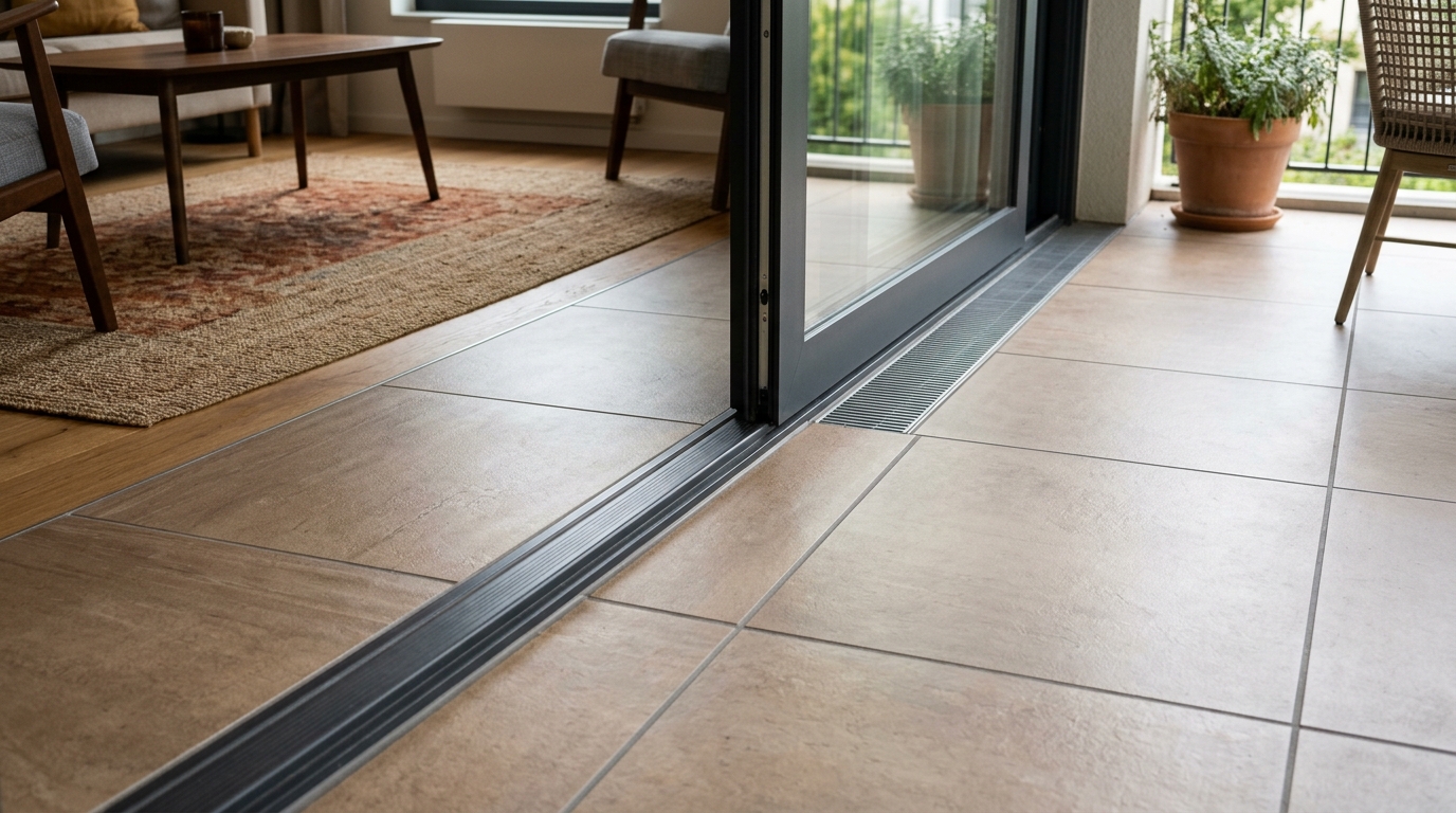 Detail of transition from hardwood interior floors to matching porcelain outdoor patio tiles to create an infinite sightline in a small apartment.