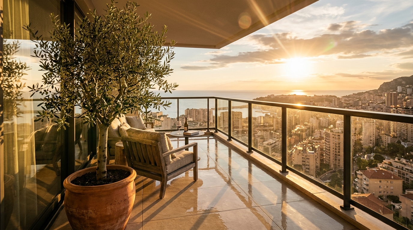 Urban balcony during golden hour, showing how directional sunlight interacts with the textured surface of high-grip outdoor patio tiles.
