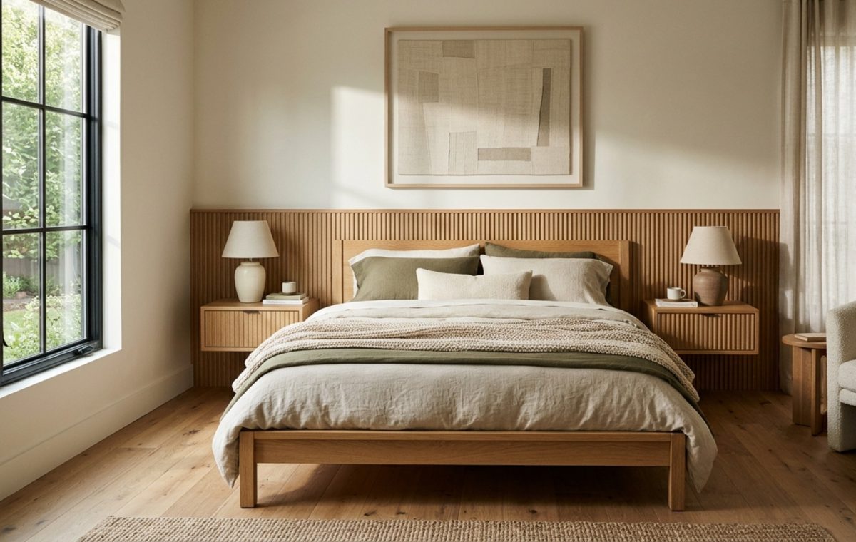 modern painting my bedroom ideas ideas featuring a monochrome palette with matte Swiss Coffee walls and a low-profile fluted oak bed frame