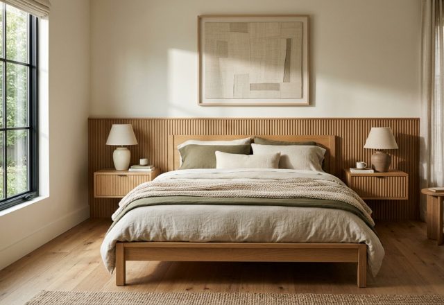 modern painting my bedroom ideas ideas featuring a monochrome palette with matte Swiss Coffee walls and a low-profile fluted oak bed frame